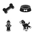 A bone, a fire hydrant, a bowl of food, a dog.Dog set collection icons in black style vector symbol stock