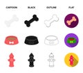 A bone, a fire hydrant, a bowl of food, a dog.Dog set collection icons in cartoon,black,outline,flat style