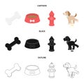 A bone, a fire hydrant, a bowl of food, a dog.Dog set collection icons in cartoon,black,outline style vector