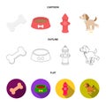 A bone, a fire hydrant, a bowl of food, a dog.Dog set collection icons in cartoon,outline,flat style vector