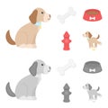 A bone, a fire hydrant, a bowl of food, a dog.Dog set collection icons in cartoon,monochrome style vector symbol