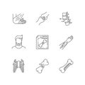 Bone fractures pixel perfect linear icons set. X-ray scan. Spine dislocation. Surgery. Open fracture. Customizable thin