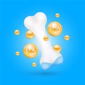 Bone healthy and orange omega 3 DHA, EPA fall to the ground. Cartilage model isolated on blue background. Vitamins minerals care k