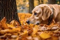 bone hidden in autumn leaves, dog sniffing Royalty Free Stock Photo