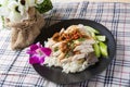 Boned, sliced Hainan-style chicken with marinated rice