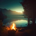 Bonefire camping in forest at night, hiking night bone fire on holiday winters Royalty Free Stock Photo