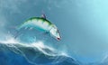 Bonefish jumping out of the waves against the backdrop of the ocean.