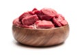 Boneless lamb steak meat in wooden bowl isolated on white