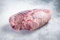 Boneless Leg of Lamb meat on butcher table. White background. Top view