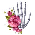 Bones of human hands. Skeleton hand with carnation flowers. Watercolor anatomical illustration. Halloween design.