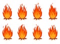 Bonfire animation. Cartoon burning campfire with firewood. Fire flames effect animated sprites frames for ui game design