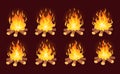 Bonfire animation. Loop animated fire, game campfire cartoon frame energy 2d burn forest woods flames storyboard sprite