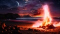 Bonfire on the beach in the night with starry sky, AI Generated