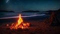 Bonfire on the beach at night with stars in the sky, AI Generated