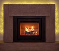Bonfire, burning fireplace, Christmas lights decoration. Energy wood logs fireside, front view