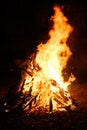 Bonfire burning at night, bright orange flames of fire