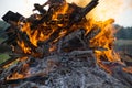 bonfire with burning wood, showcasing intense flames and charred logs in an outdoor environment