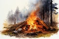 A bonfire burns in the forest on a sunny summer day. Generative AI Generative AI Royalty Free Stock Photo