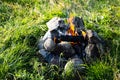 Bonfire burns in forest. Tourist fire for cooking at nature