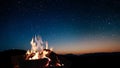 a bonfire burns at night against the background of mountains and sea with bright stars.. Royalty Free Stock Photo