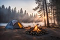 Bonfire in a camping site. misty morning