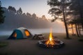 Bonfire in a camping site. misty morning