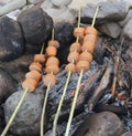 Cooking wurstel during boy scout camp with technique called trap