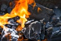 Bonfire embers. BBQ coals with fire. Close-up of the combustion process of wood, charcoal for barbecue