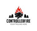 Bonfire and fire with firewood and logs, forest with fir trees, logo design. Camping, hike, active rest and relaxation outdoors, v
