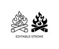 Bonfire, fire, flame, burning and firewood, editable stroke, silhouette and linear design