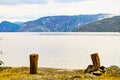 Bonfire and fjord landscape, Norway