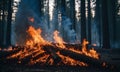 Bonfire in the forest at sunset. Fire in the forest.