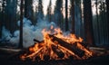 Bonfire in the forest at sunset. Fire in the forest.