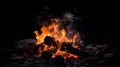 A bonfire with glowing coals. On a dark background