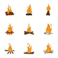 Bonfire icons set, cartoon style