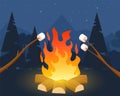 Bonfire with marshmallow. Cartoon camp background. Sweets roasting on fire. Night and forest. Outdoor recreation. Autumn campsite Royalty Free Stock Photo