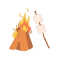 Bonfire, marshmallow on a stick. Drawn elements for camping and hiking