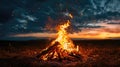 Bonfire at night. Flames of fire against cloudy sky at sunset. Campfire in the country. AI Generated Royalty Free Stock Photo