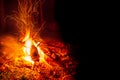 Bonfire at night in the forest, sparks from a fire, Night campfire with available space Royalty Free Stock Photo