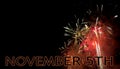 Bonfire night, November 5th, UK celebrates Guy Fawkes night with fireworks. With copyspace. Royalty Free Stock Photo