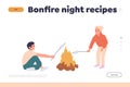 Bonfire night recipe landing page design template. with happy children character frying marshmallow