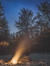 Bonfire at night in a winter snowy forest of pines and firs