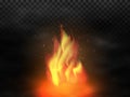 Bonfire and smoke. Realistic campfire with fire sparks. Glowing particles flying up on transparent background. Red and Royalty Free Stock Photo