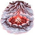 Bonfire in Snowy Winter Forest under Tree Branches with Stone Circle Illustration Royalty Free Stock Photo