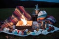 bonfire surrounded by blankets, hot chocolate, and marshmallows for s& x27;mores