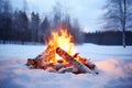 a bonfire surrounded by untouched winter snow