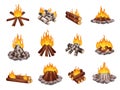 Bonfires types. Different ways of laying logs in campfires, woodpile made various trees, burning wood stack, flame