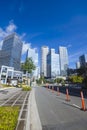 Bonifacio Global City, Taguig, Metro Manila - BGC skyline as seen from 28th street. A bike line separated by bollards.