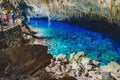 Inside the grotto of Lago Azul, a grotto with a lake with transparente vibrant blue water