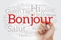 Bonjour Hello Greeting in French word cloud in different languages of the world with marker, background concept